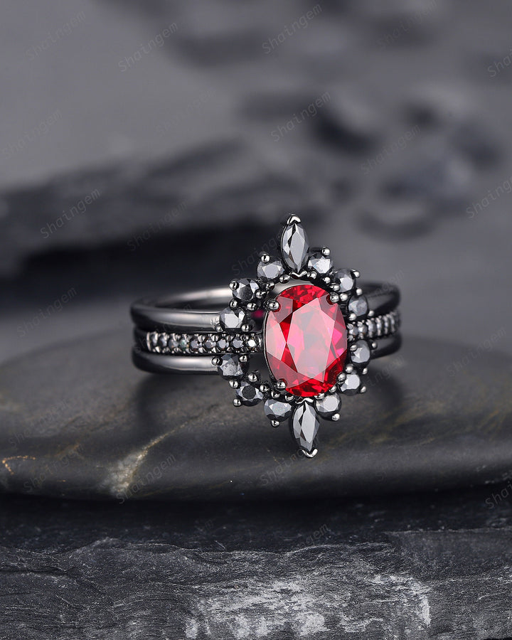 3PCS Oval Ruby Black Engagement Ring Set, Black Gold Finish Ruby Promise Ring Set, Vintage Rhodium Black Ruby Wedding Ring Gift for Her - ShainJewelry