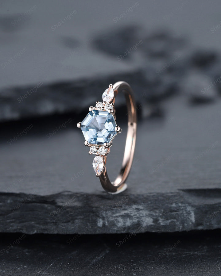 Unique Hexagon Aquamarine Engagement Ring Set, Vintage Aquamarine and Diamond Wedding Ring, 14K Rose Gold March Birthstone Promise Ring Gift - ShainJewelry