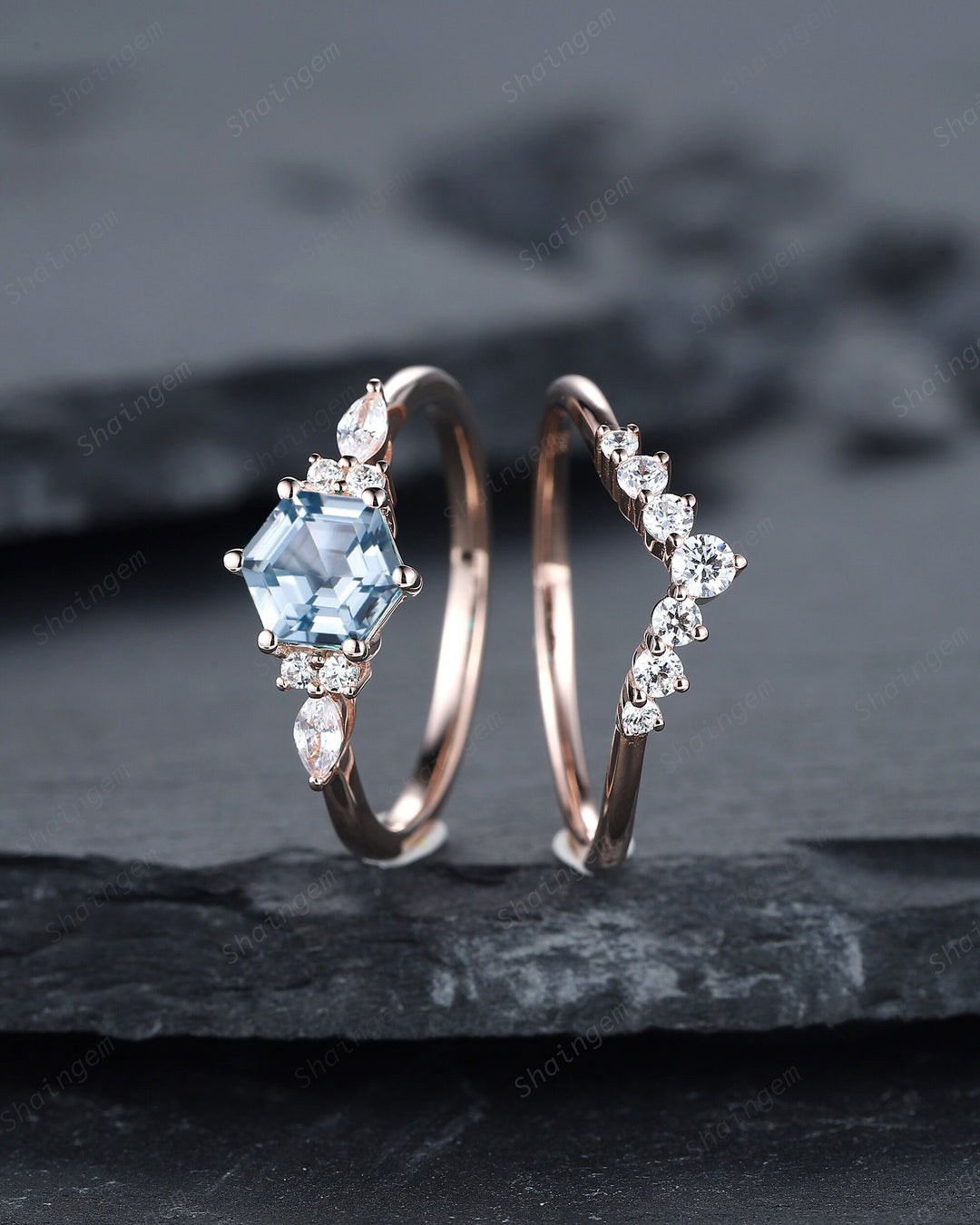 Unique Hexagon Aquamarine Engagement Ring Set, Vintage Aquamarine and Diamond Wedding Ring, 14K Rose Gold March Birthstone Promise Ring Gift - ShainJewelry