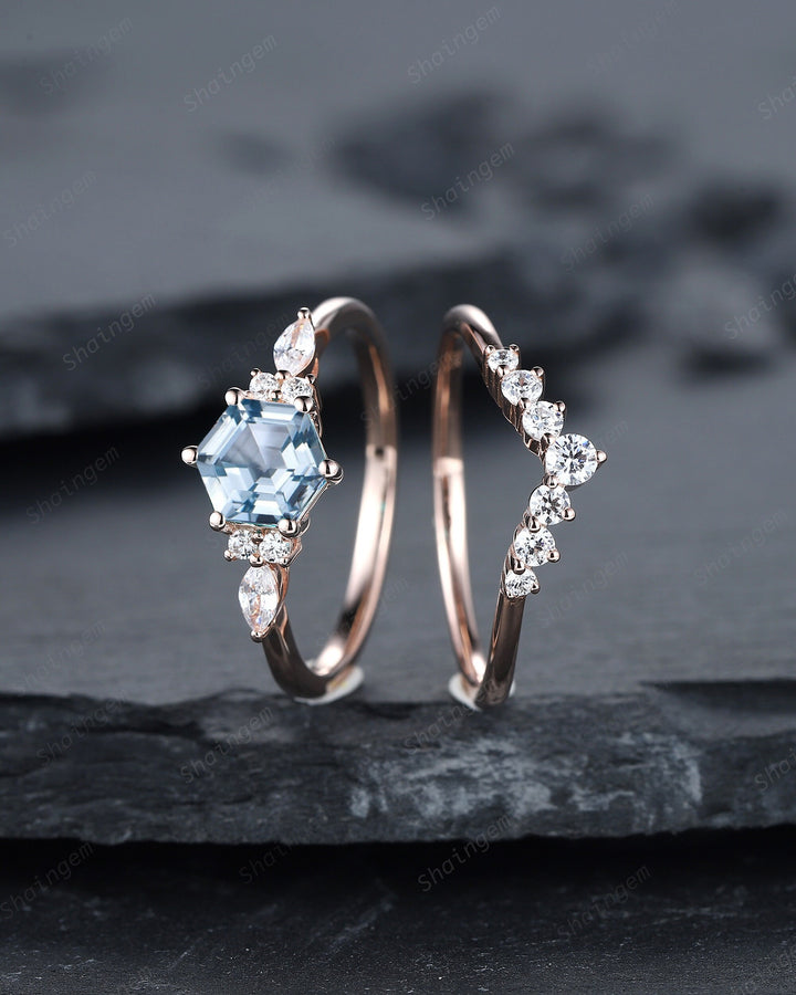 Unique Hexagon Aquamarine Engagement Ring Set, Vintage Aquamarine and Diamond Wedding Ring, 14K Rose Gold March Birthstone Promise Ring Gift - ShainJewelry
