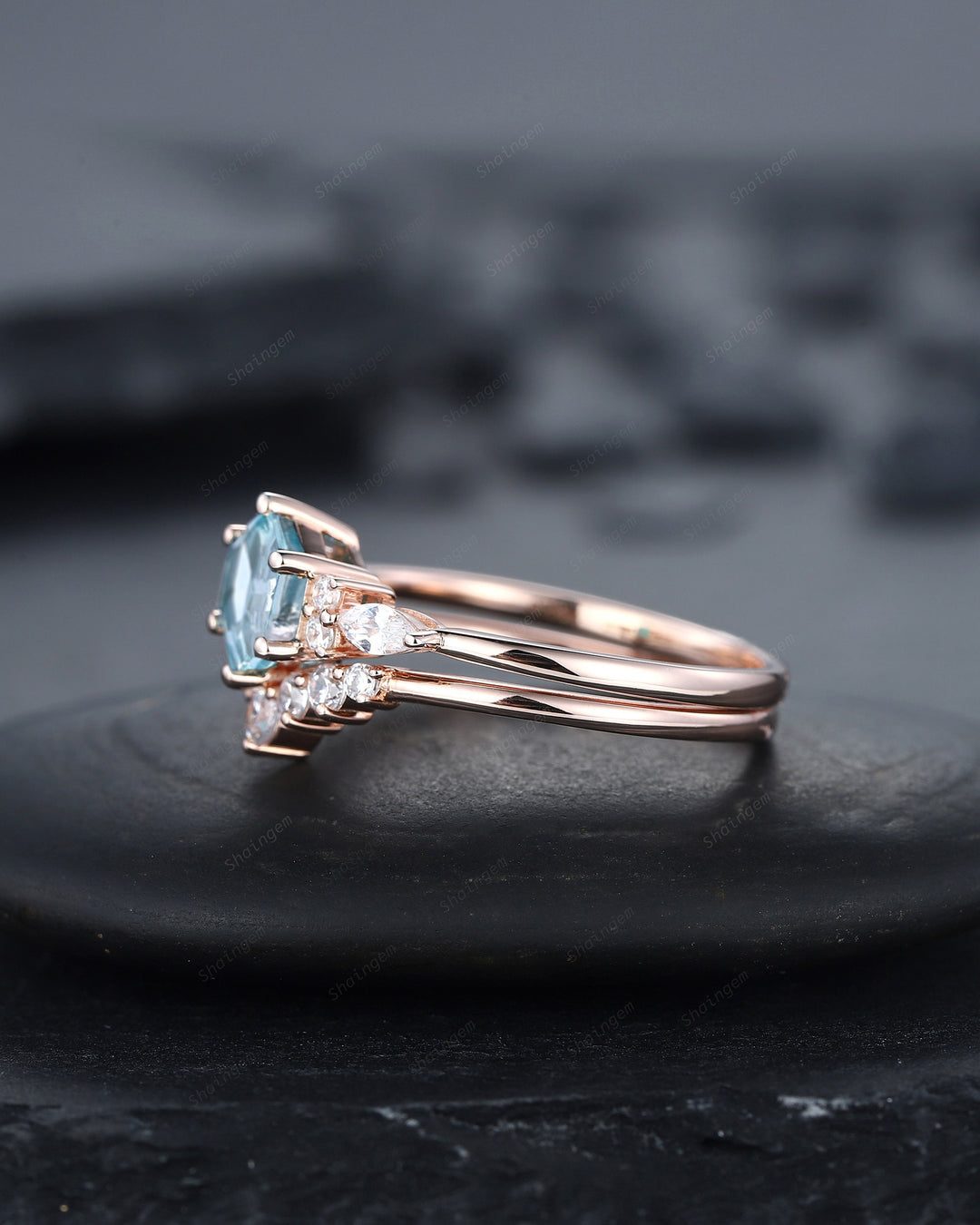 Unique Hexagon Aquamarine Engagement Ring Set, Vintage Aquamarine and Diamond Wedding Ring, 14K Rose Gold March Birthstone Promise Ring Gift - ShainJewelry