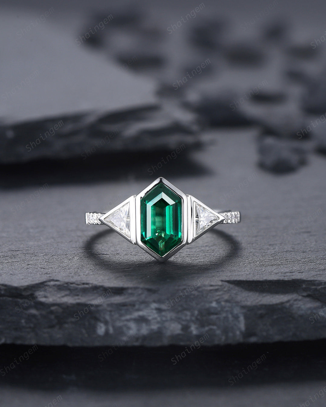 Vintage Long Hexagon Cut Emerald Engagement Ring, Unique 14K White Gold Trilliant Moissanite Wedding Promise Ring Three Stone Ring For Women - ShainJewelry