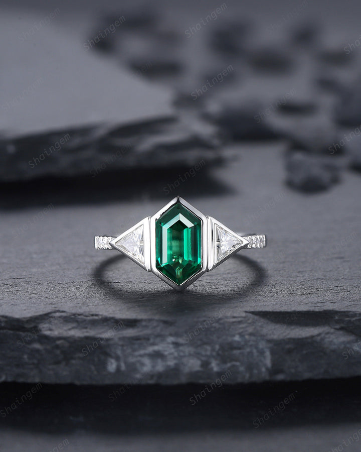 Vintage Long Hexagon Cut Emerald Engagement Ring, Unique 14K White Gold Trilliant Moissanite Wedding Promise Ring Three Stone Ring For Women - ShainJewelry
