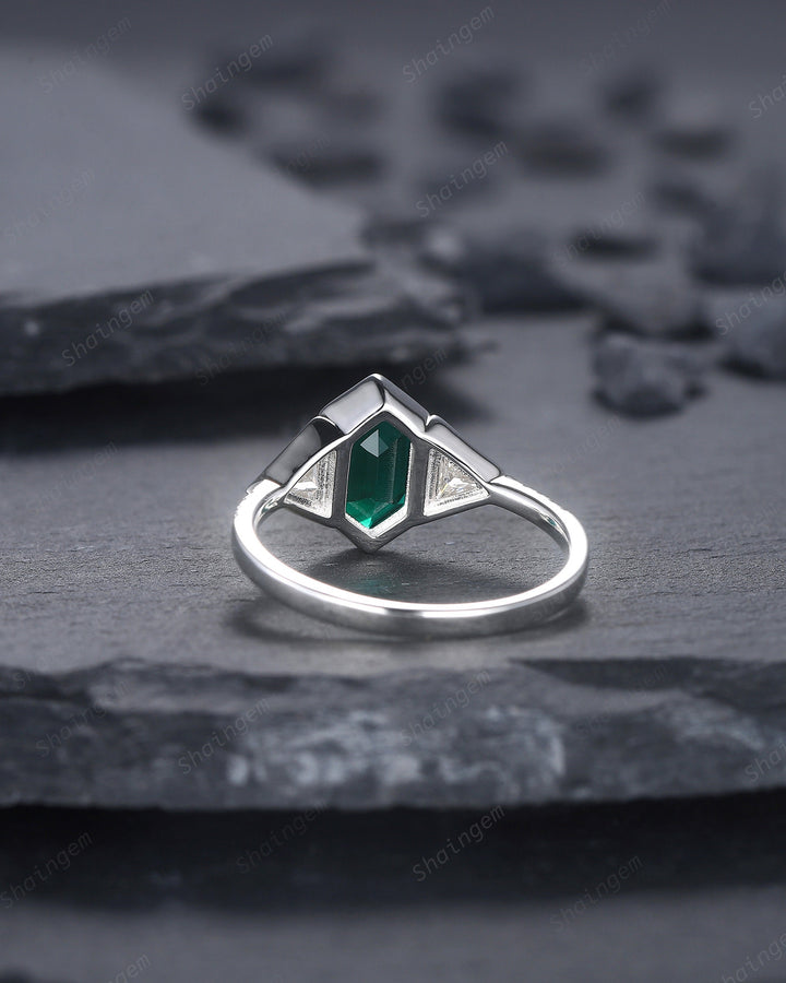 Vintage Long Hexagon Cut Emerald Engagement Ring, Unique 14K White Gold Trilliant Moissanite Wedding Promise Ring Three Stone Ring For Women - ShainJewelry