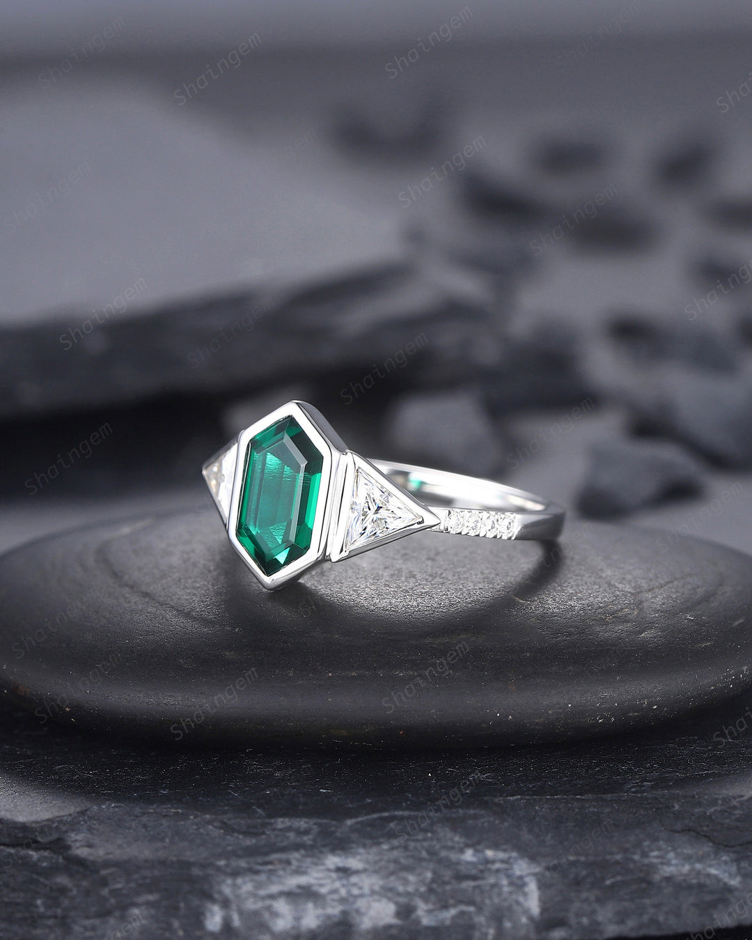 Vintage Long Hexagon Cut Emerald Engagement Ring, Unique 14K White Gold Trilliant Moissanite Wedding Promise Ring Three Stone Ring For Women - ShainJewelry