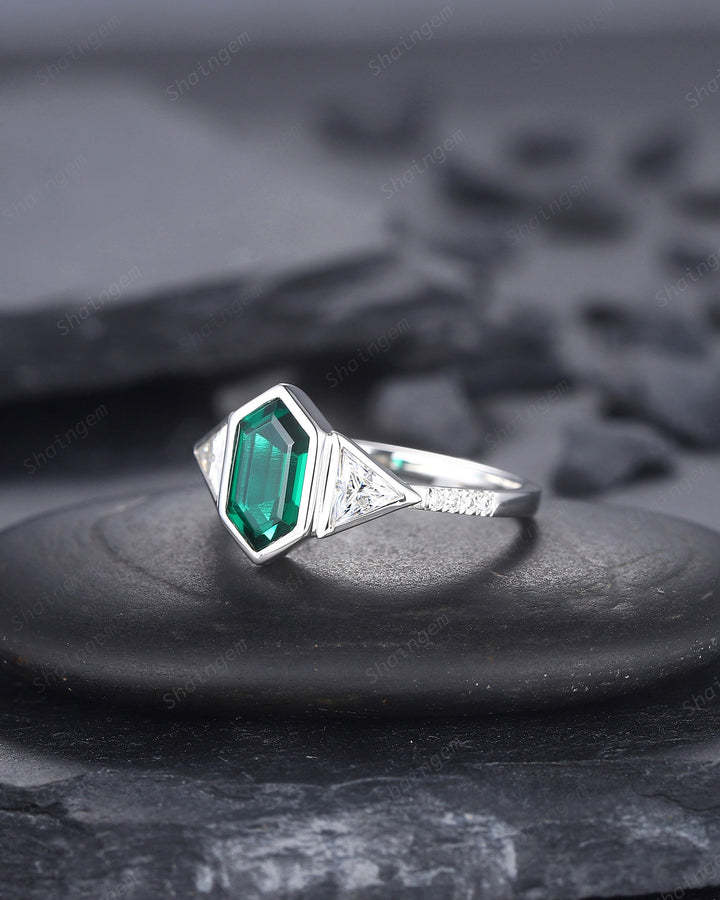 Vintage Long Hexagon Cut Emerald Engagement Ring, Unique 14K White Gold Trilliant Moissanite Wedding Promise Ring Three Stone Ring For Women - ShainJewelry