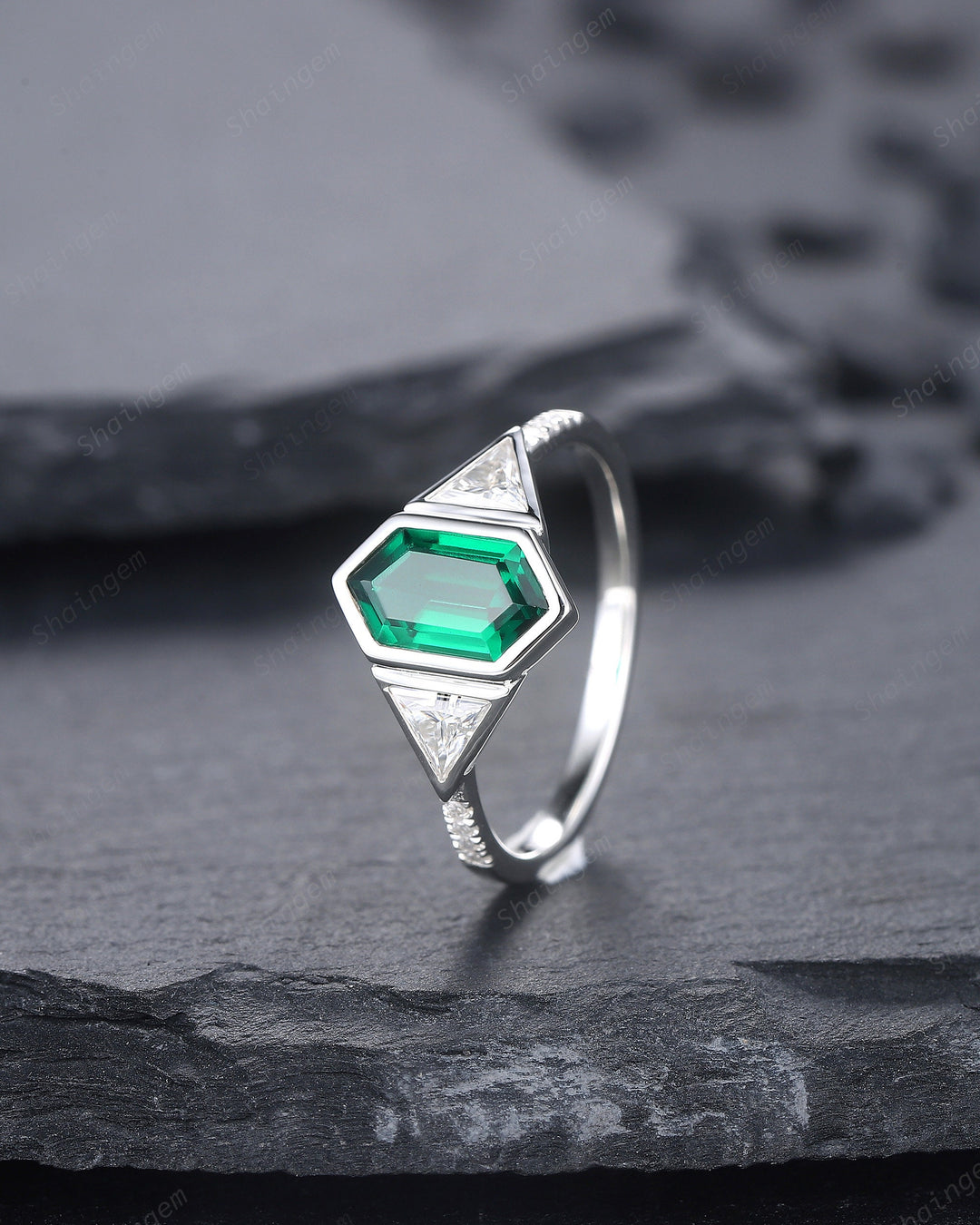 Vintage Long Hexagon Cut Emerald Engagement Ring, Unique 14K White Gold Trilliant Moissanite Wedding Promise Ring Three Stone Ring For Women - ShainJewelry