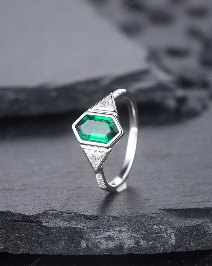Vintage Long Hexagon Cut Emerald Engagement Ring, Unique 14K White Gold Trilliant Moissanite Wedding Promise Ring Three Stone Ring For Women - ShainJewelry