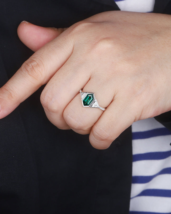 Vintage Long Hexagon Cut Emerald Engagement Ring, Unique 14K White Gold Trilliant Moissanite Wedding Promise Ring Three Stone Ring For Women - ShainJewelry