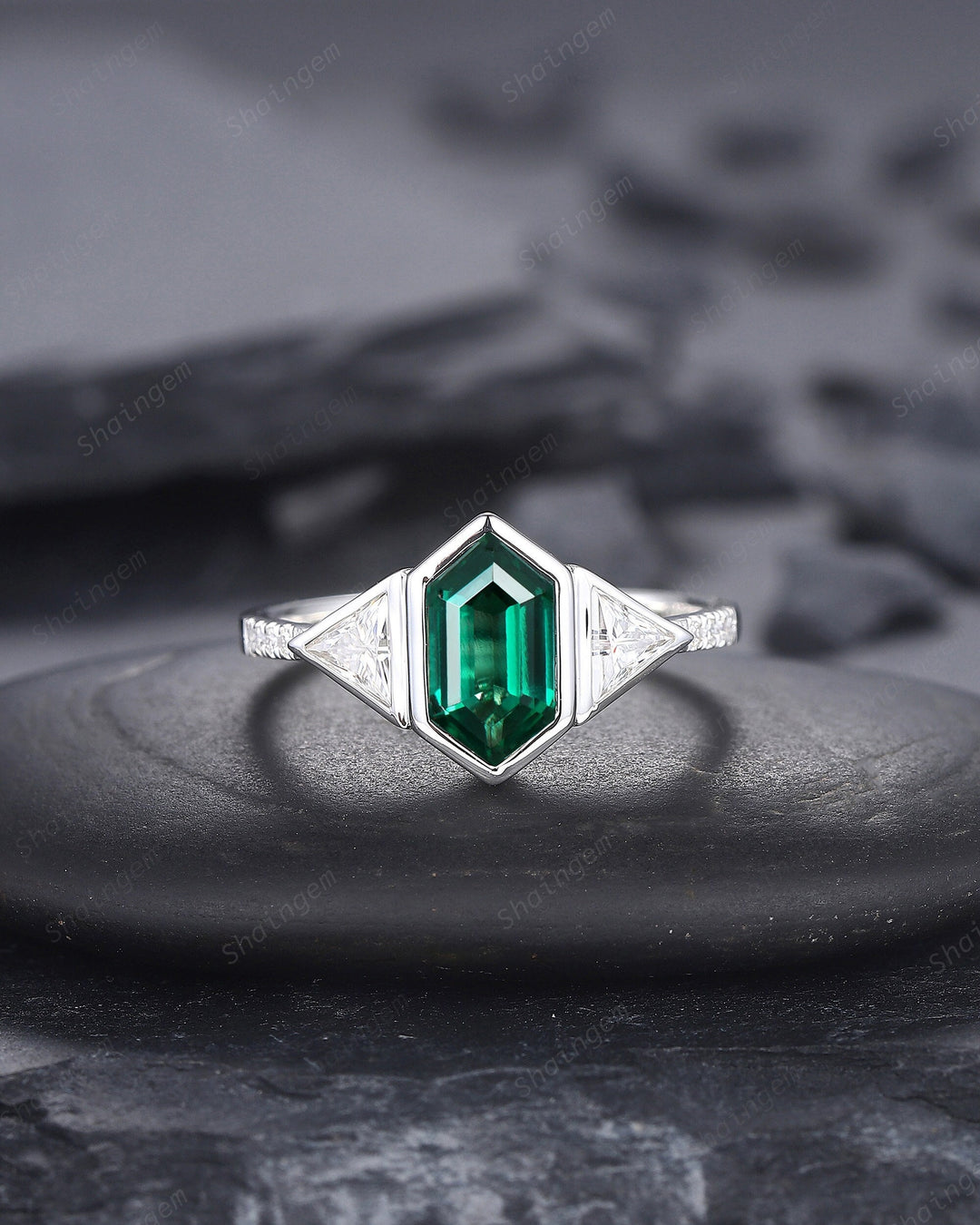 Vintage Long Hexagon Cut Emerald Engagement Ring, Unique 14K White Gold Trilliant Moissanite Wedding Promise Ring Three Stone Ring For Women - ShainJewelry