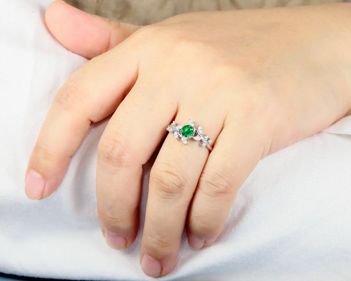 Vintage Round Natural Tsavorite Leaf Engagement Ring, 14K 18K White Gold Green Garnet Promise Ring, Unique Tsavorite Wedding Ring Gift - ShainJewelry