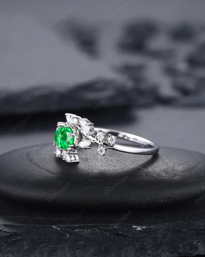 Vintage Round Natural Tsavorite Leaf Engagement Ring, 14K 18K White Gold Green Garnet Promise Ring, Unique Tsavorite Wedding Ring Gift - ShainJewelry