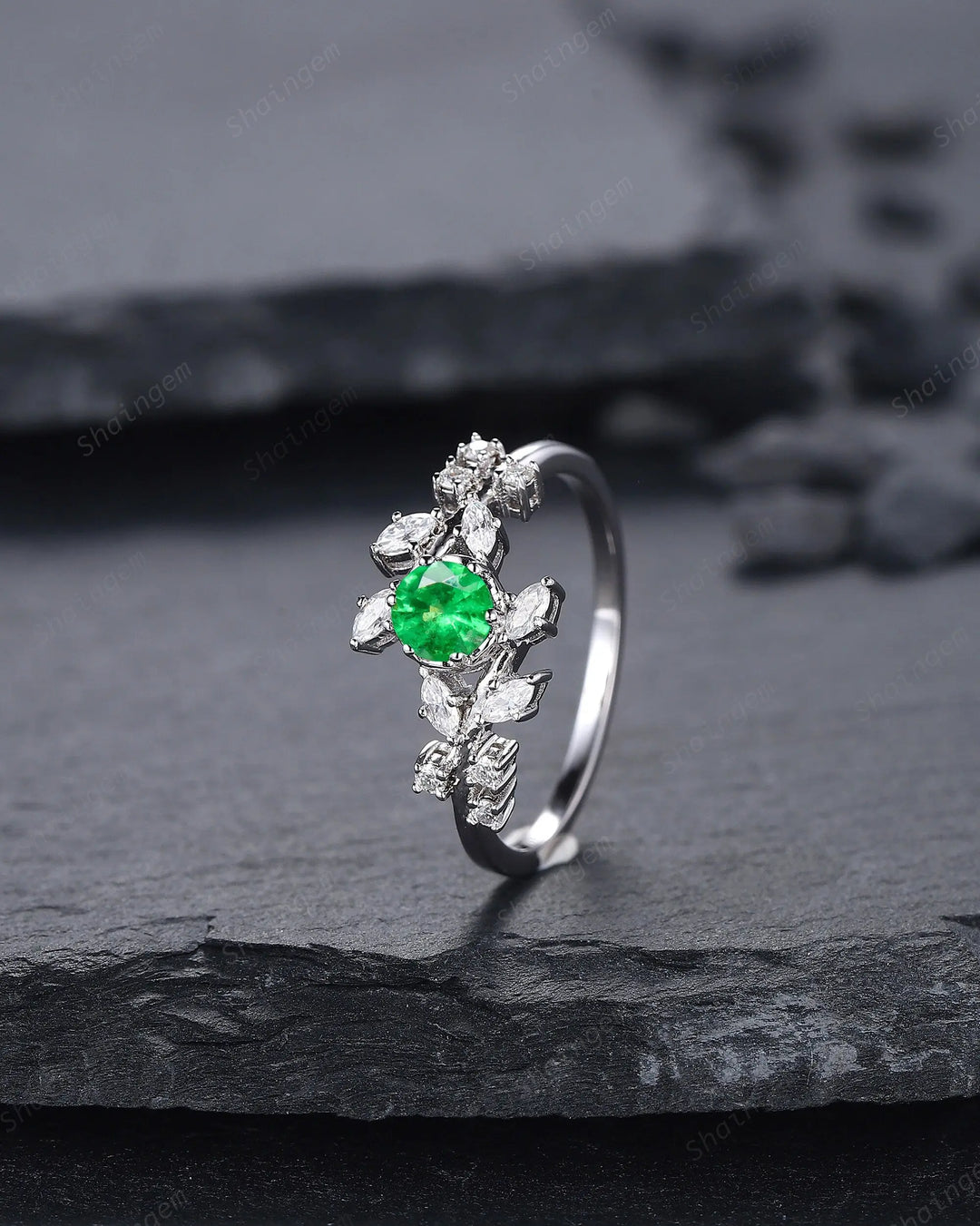 Vintage Round Natural Tsavorite Leaf Engagement Ring, 14K 18K White Gold Green Garnet Promise Ring, Unique Tsavorite Wedding Ring Gift - ShainJewelry