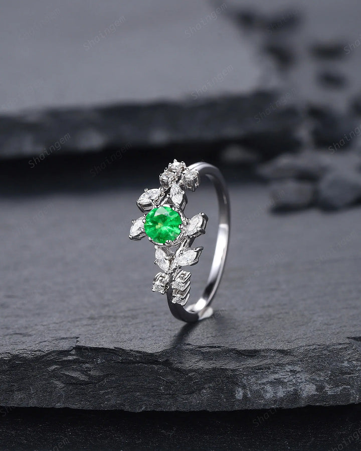 Vintage Round Natural Tsavorite Leaf Engagement Ring, 14K 18K White Gold Green Garnet Promise Ring, Unique Tsavorite Wedding Ring Gift - ShainJewelry