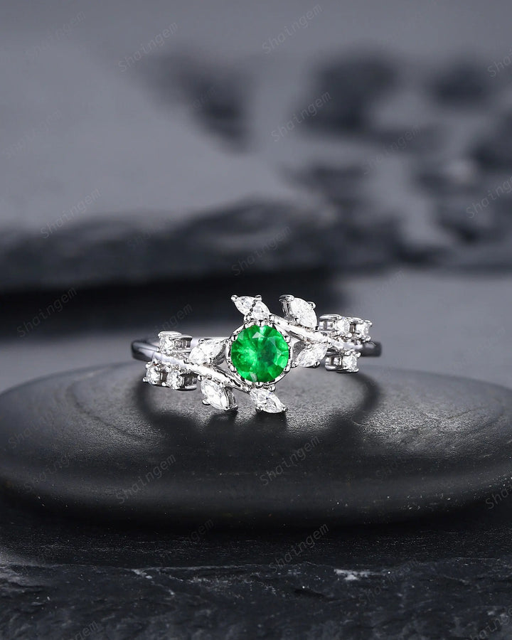 Vintage Round Natural Tsavorite Leaf Engagement Ring, 14K 18K White Gold Green Garnet Promise Ring, Unique Tsavorite Wedding Ring Gift - ShainJewelry