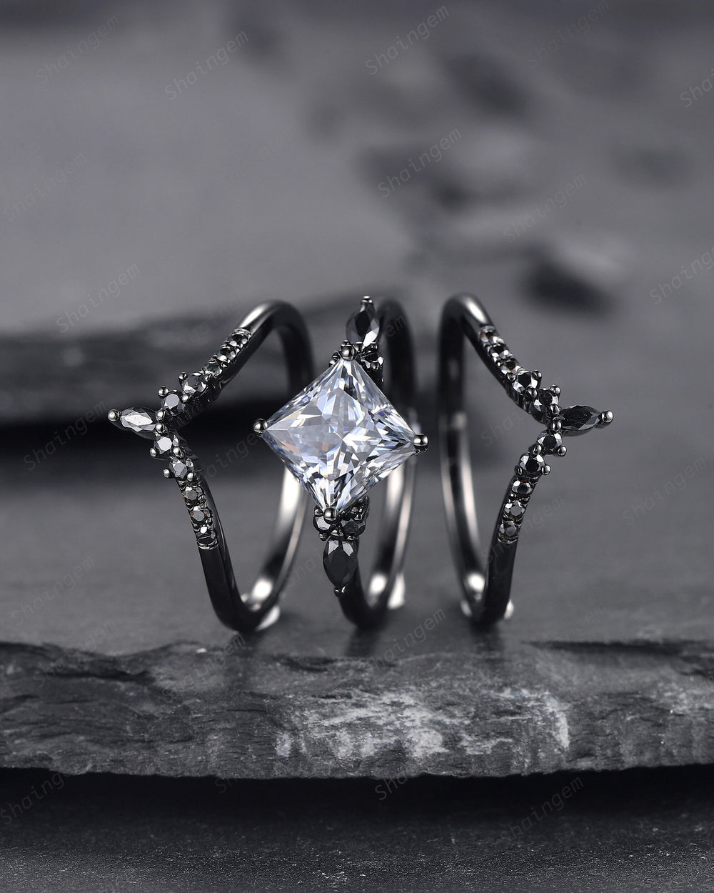 3PCS Vintage Princess Cut Gray Moissanite Black Engagement Ring Set, Gothic Black Rhodium Grey Moissanite Promise Wedding Set Gift for women - ShainJewelry