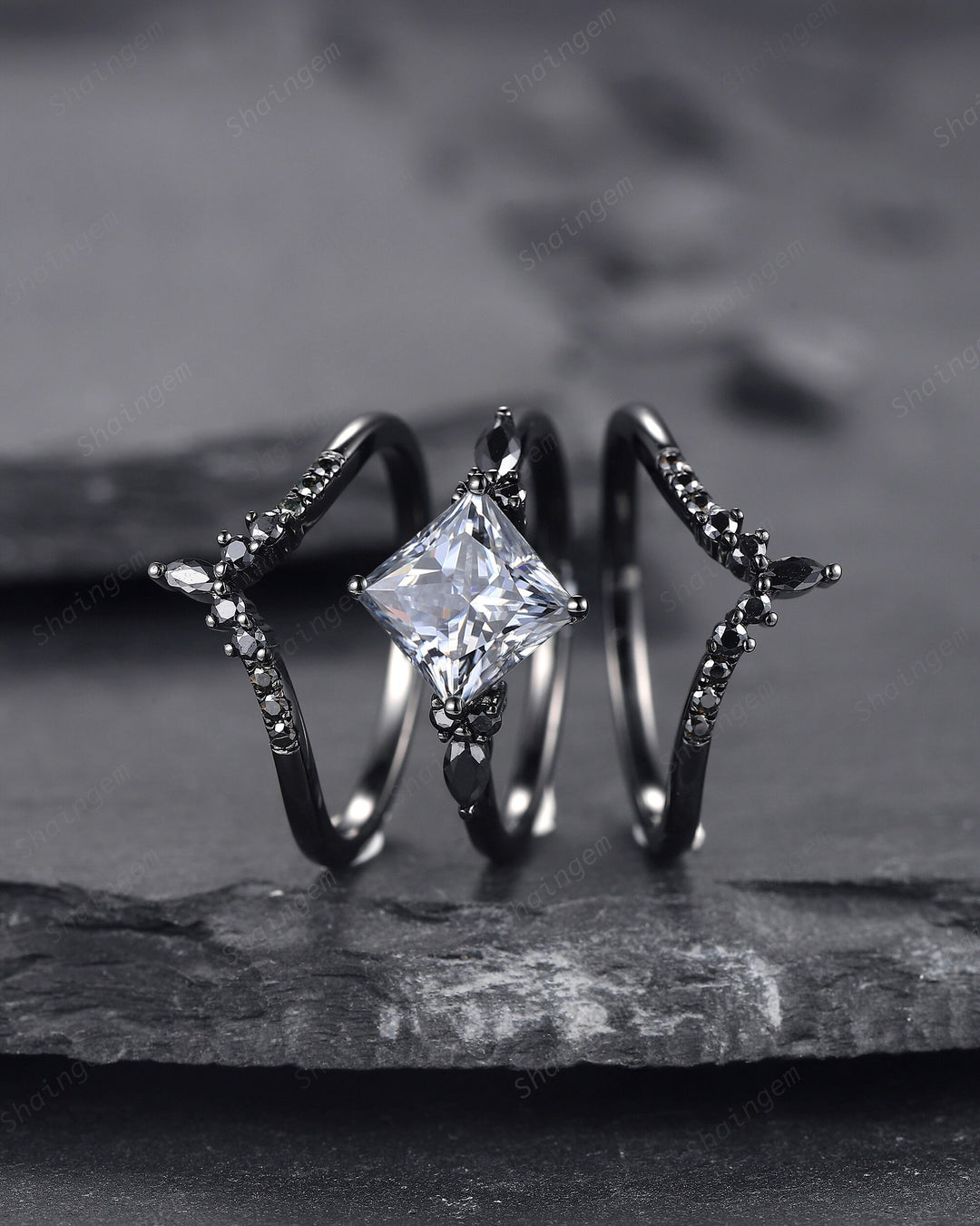 3PCS Vintage Princess Cut Gray Moissanite Black Engagement Ring Set, Gothic Black Rhodium Grey Moissanite Promise Wedding Set Gift for women - ShainJewelry