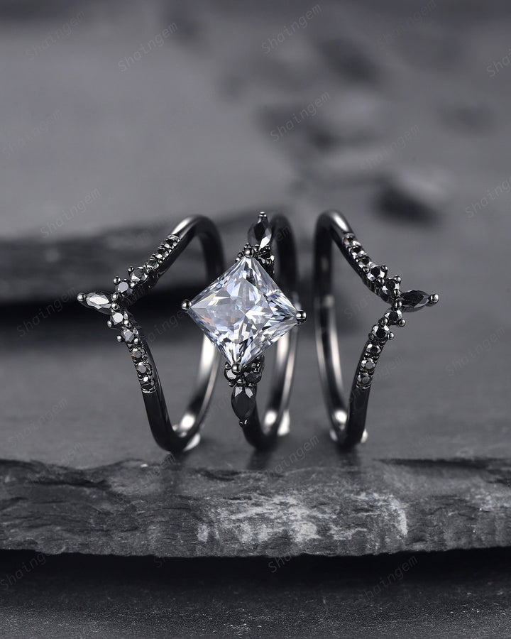 3PCS Vintage Princess Cut Gray Moissanite Black Engagement Ring Set, Gothic Black Rhodium Grey Moissanite Promise Wedding Set Gift for women - ShainJewelry