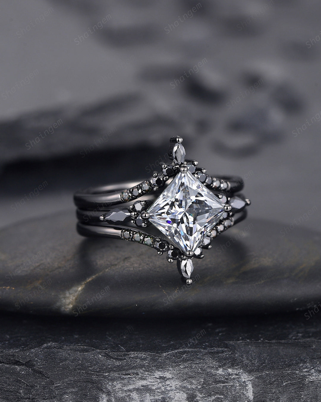 3PCS Vintage Princess Cut Gray Moissanite Black Engagement Ring Set, Gothic Black Rhodium Grey Moissanite Promise Wedding Set Gift for women - ShainJewelry