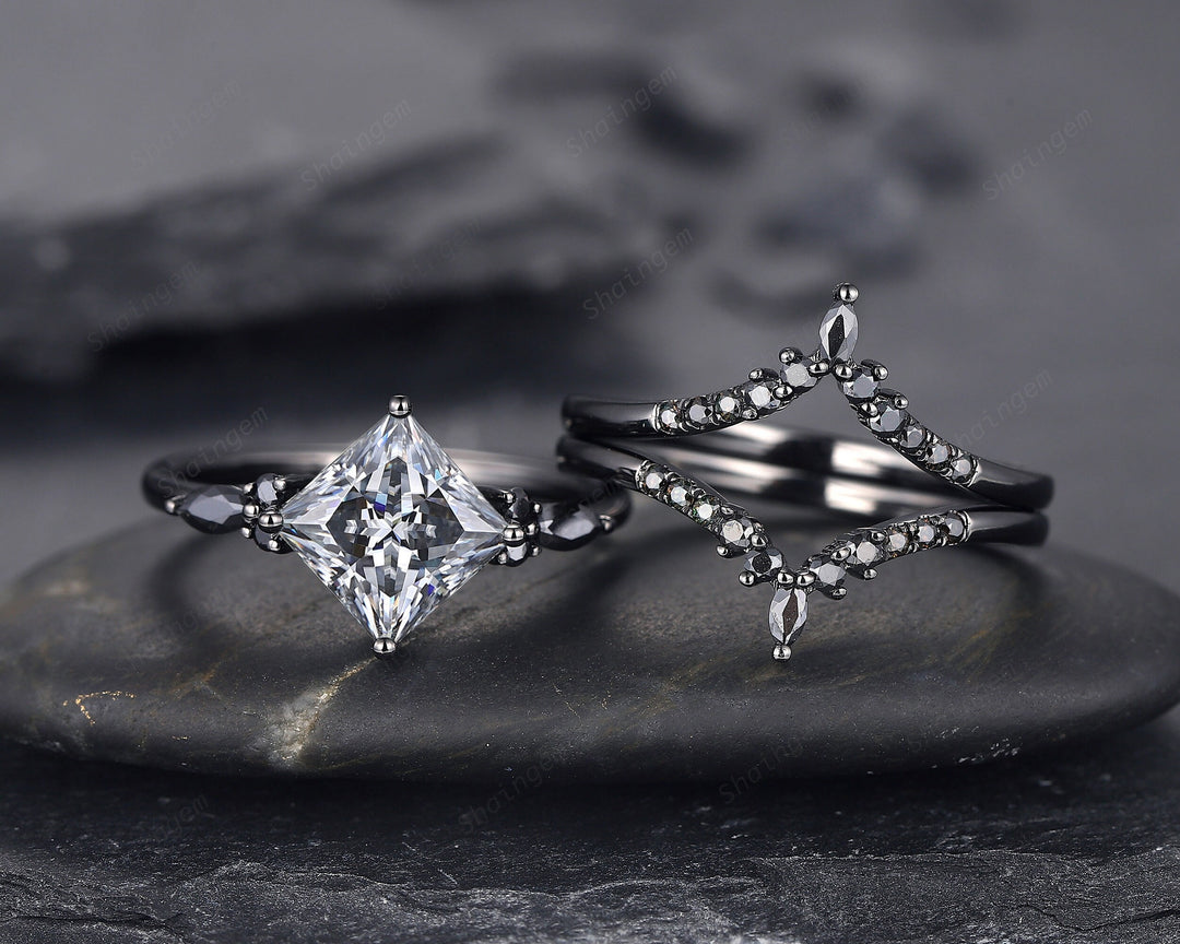 3PCS Vintage Princess Cut Gray Moissanite Black Engagement Ring Set, Gothic Black Rhodium Grey Moissanite Promise Wedding Set Gift for women - ShainJewelry