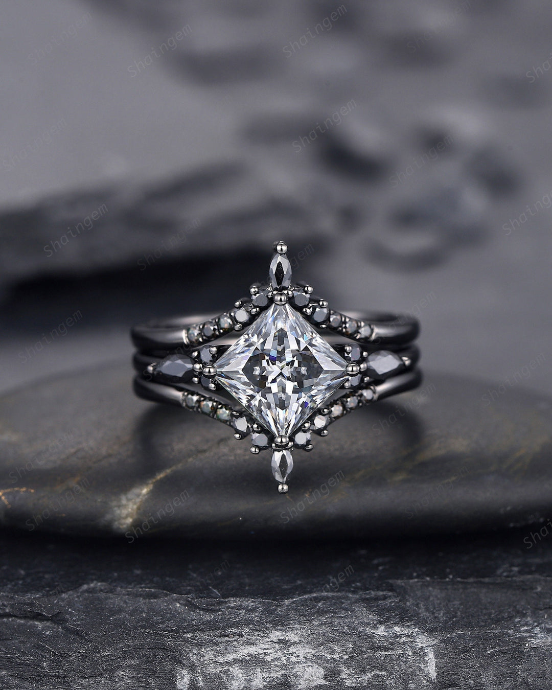 3PCS Vintage Princess Cut Gray Moissanite Black Engagement Ring Set, Gothic Black Rhodium Grey Moissanite Promise Wedding Set Gift for women - ShainJewelry