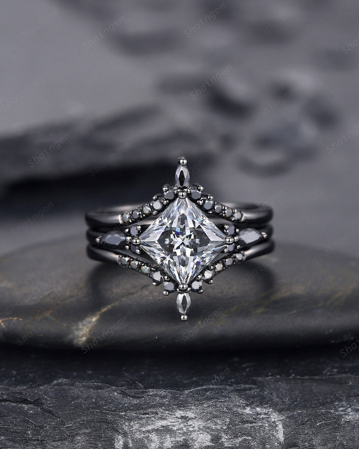3PCS Vintage Princess Cut Gray Moissanite Black Engagement Ring Set, Gothic Black Rhodium Grey Moissanite Promise Wedding Set Gift for women - ShainJewelry