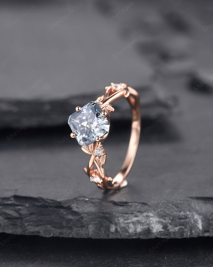 Vintage Radiant Cut Blue Moissanite Engagement Ring, Twig Leaf Moissanite Promise Ring Unique 14K Rose Gold Wedding Ring Gift for Women - ShainJewelry