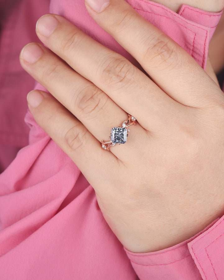 Vintage Radiant Cut Blue Moissanite Engagement Ring, Twig Leaf Moissanite Promise Ring Unique 14K Rose Gold Wedding Ring Gift for Women - ShainJewelry
