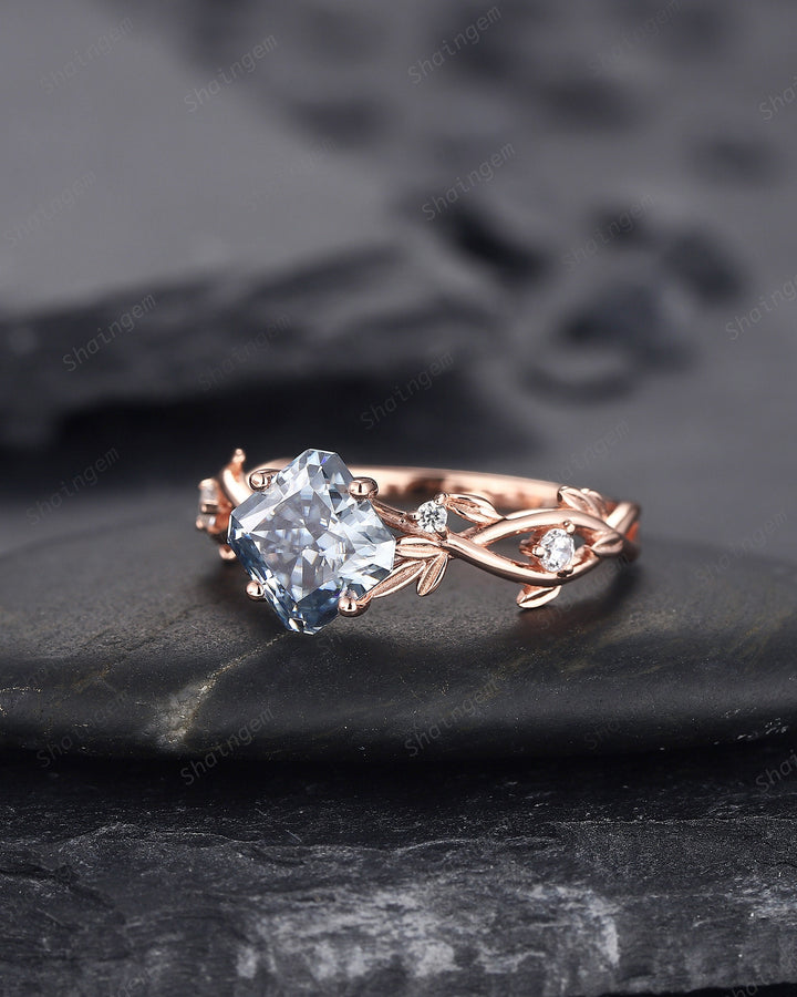 Vintage Radiant Cut Blue Moissanite Engagement Ring, Twig Leaf Moissanite Promise Ring Unique 14K Rose Gold Wedding Ring Gift for Women - ShainJewelry