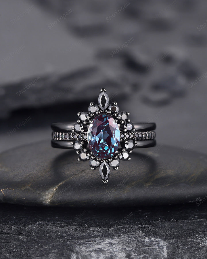 3PCS Oval Alexandrite Black Moissanite Engagement Ring Set, Black Gold Alexandrite Promise Ring Set, Black Wedding Anniversary Ring Gift - ShainJewelry