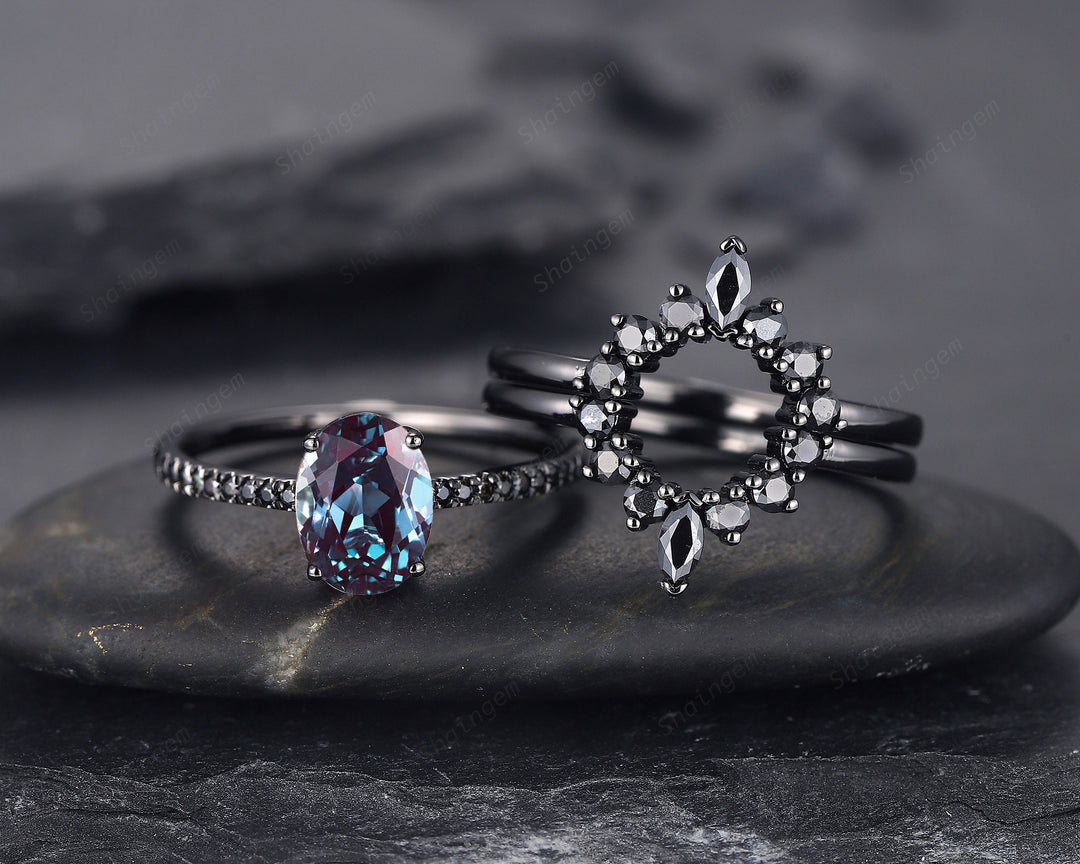 3PCS Oval Alexandrite Black Moissanite Engagement Ring Set, Black Gold Alexandrite Promise Ring Set, Black Wedding Anniversary Ring Gift - ShainJewelry