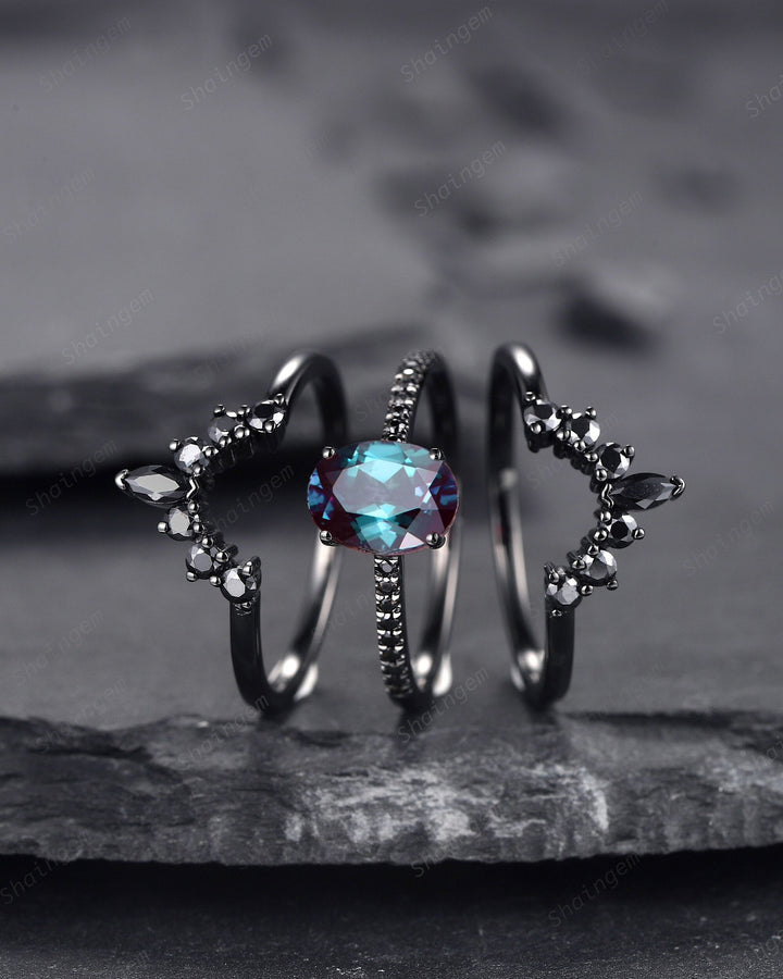 3PCS Oval Alexandrite Black Moissanite Engagement Ring Set, Black Gold Alexandrite Promise Ring Set, Black Wedding Anniversary Ring Gift - ShainJewelry