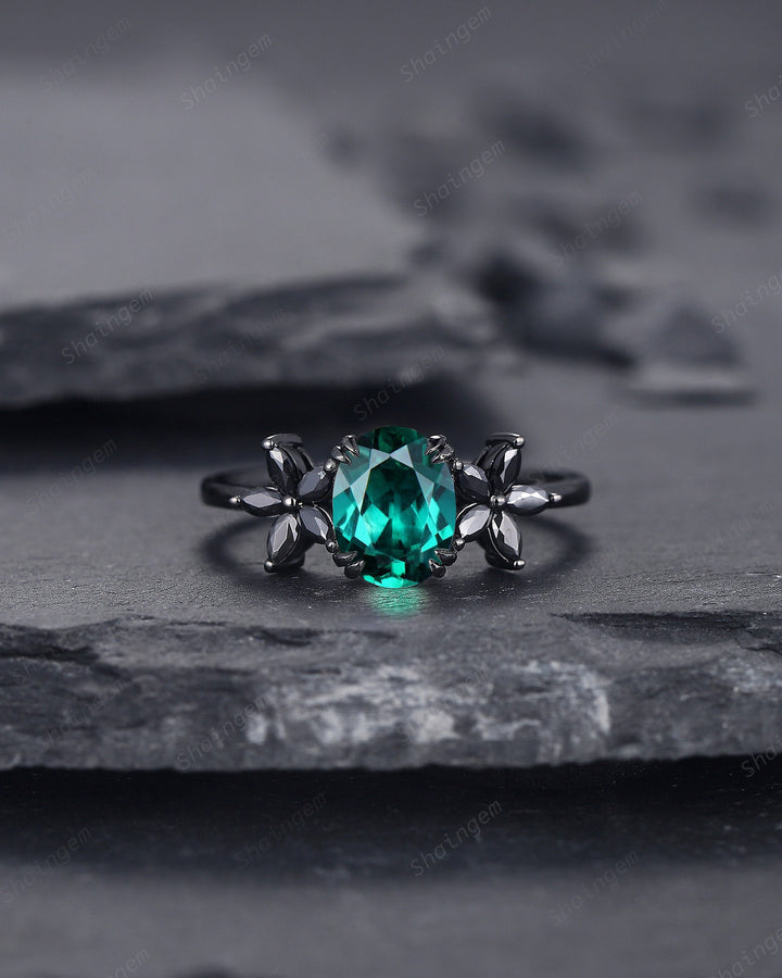 Oval Shape Emerald Cluster Black Engagement Ring, Rhodium Black Emerald Promise Ring, Black Wedding Ring, Promise Anniversary Ring Gift - ShainJewelry