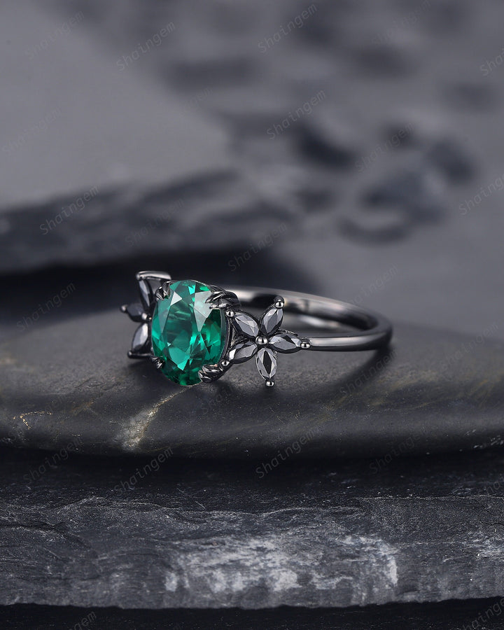 Oval Shape Emerald Cluster Black Engagement Ring, Rhodium Black Emerald Promise Ring, Black Wedding Ring, Promise Anniversary Ring Gift - ShainJewelry