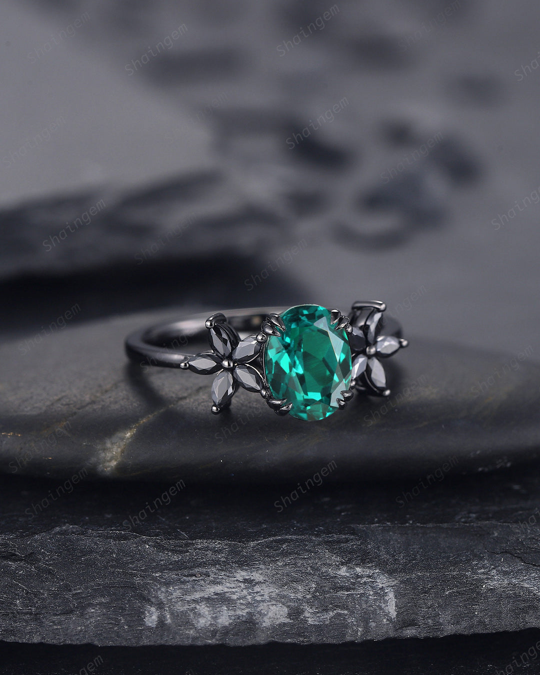 Oval Shape Emerald Cluster Black Engagement Ring, Rhodium Black Emerald Promise Ring, Black Wedding Ring, Promise Anniversary Ring Gift - ShainJewelry