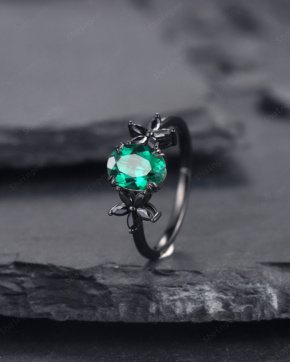 Oval Shape Emerald Cluster Black Engagement Ring, Rhodium Black Emerald Promise Ring, Black Wedding Ring, Promise Anniversary Ring Gift - ShainJewelry