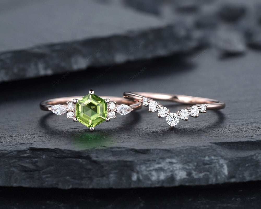 Unique Hexagon Peridot Engagement Ring Set, Vintage Peridot and Diamond Wedding Ring 14K Rose Gold August Birthstone Promise Ring Bridal Set - ShainJewelry