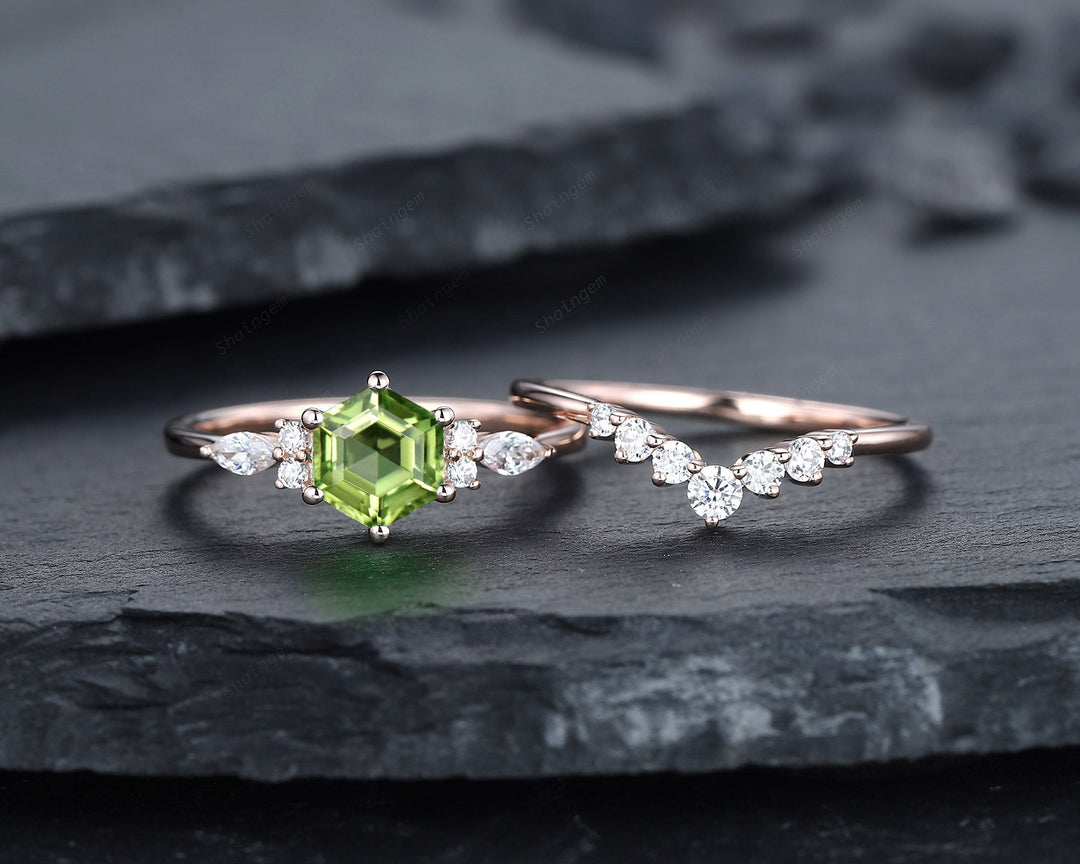 Unique Hexagon Peridot Engagement Ring Set, Vintage Peridot and Diamond Wedding Ring 14K Rose Gold August Birthstone Promise Ring Bridal Set - ShainJewelry