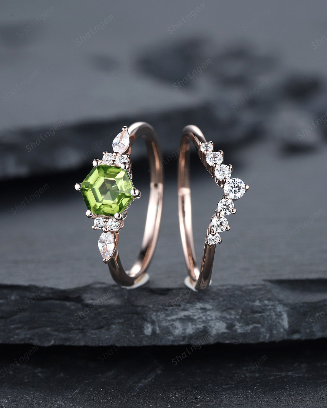 Unique Hexagon Peridot Engagement Ring Set, Vintage Peridot and Diamond Wedding Ring 14K Rose Gold August Birthstone Promise Ring Bridal Set - ShainJewelry