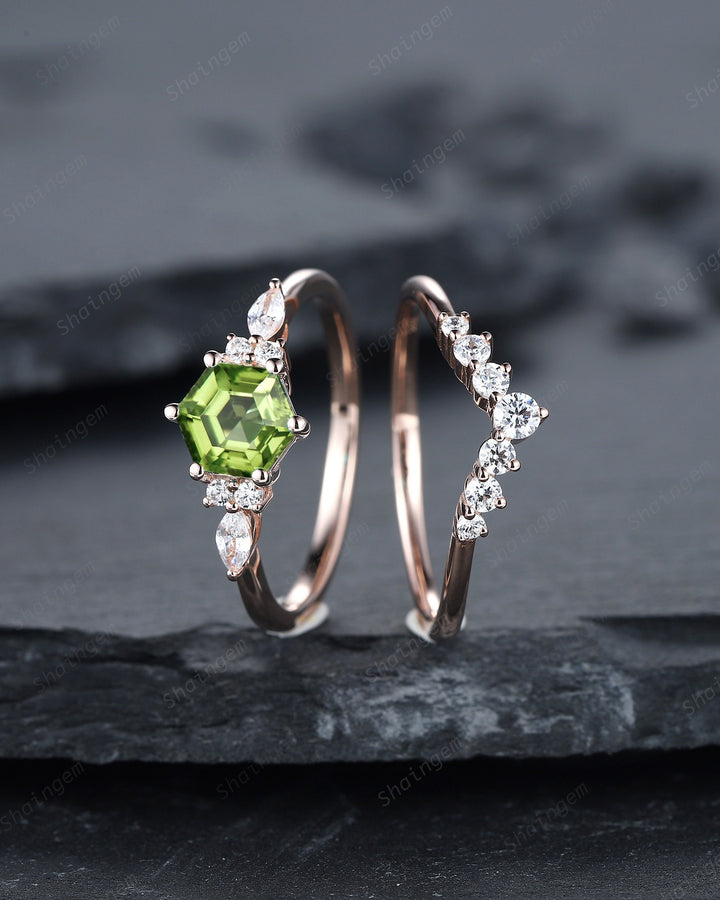 Unique Hexagon Peridot Engagement Ring Set, Vintage Peridot and Diamond Wedding Ring 14K Rose Gold August Birthstone Promise Ring Bridal Set - ShainJewelry