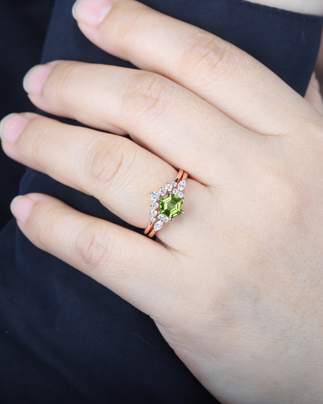 Unique Hexagon Peridot Engagement Ring Set, Vintage Peridot and Diamond Wedding Ring 14K Rose Gold August Birthstone Promise Ring Bridal Set - ShainJewelry
