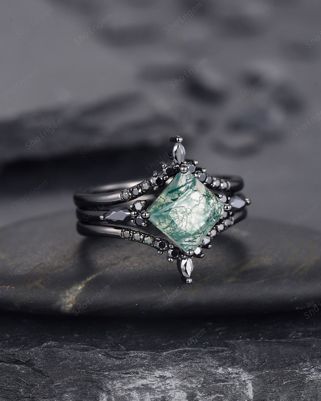 3PCS Vintage Princess Cut Moss Agate Black Engagement Ring Set, Gothic Black Rhodium Moss Agate Bridal Wedding Set Gift, Black Promise Ring - ShainJewelry