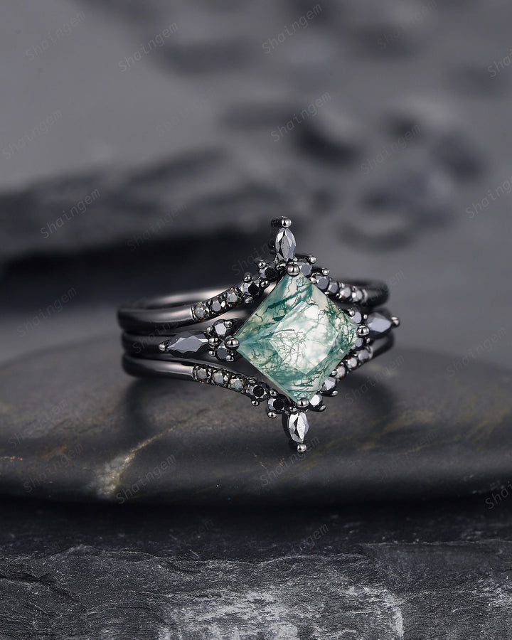 3PCS Vintage Princess Cut Moss Agate Black Engagement Ring Set, Gothic Black Rhodium Moss Agate Bridal Wedding Set Gift, Black Promise Ring - ShainJewelry
