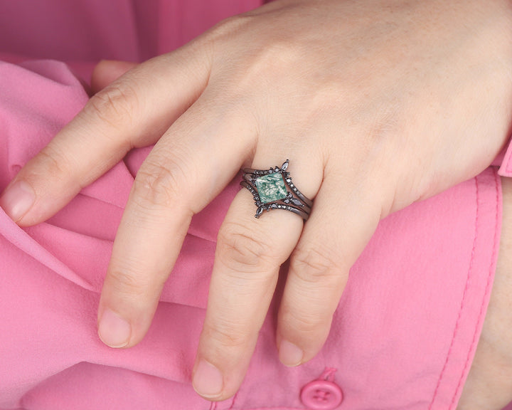 3PCS Vintage Princess Cut Moss Agate Black Engagement Ring Set, Gothic Black Rhodium Moss Agate Bridal Wedding Set Gift, Black Promise Ring - ShainJewelry
