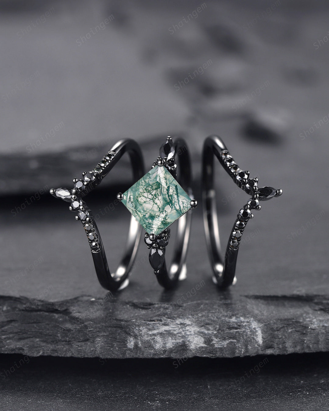 3PCS Vintage Princess Cut Moss Agate Black Engagement Ring Set, Gothic Black Rhodium Moss Agate Bridal Wedding Set Gift, Black Promise Ring - ShainJewelry