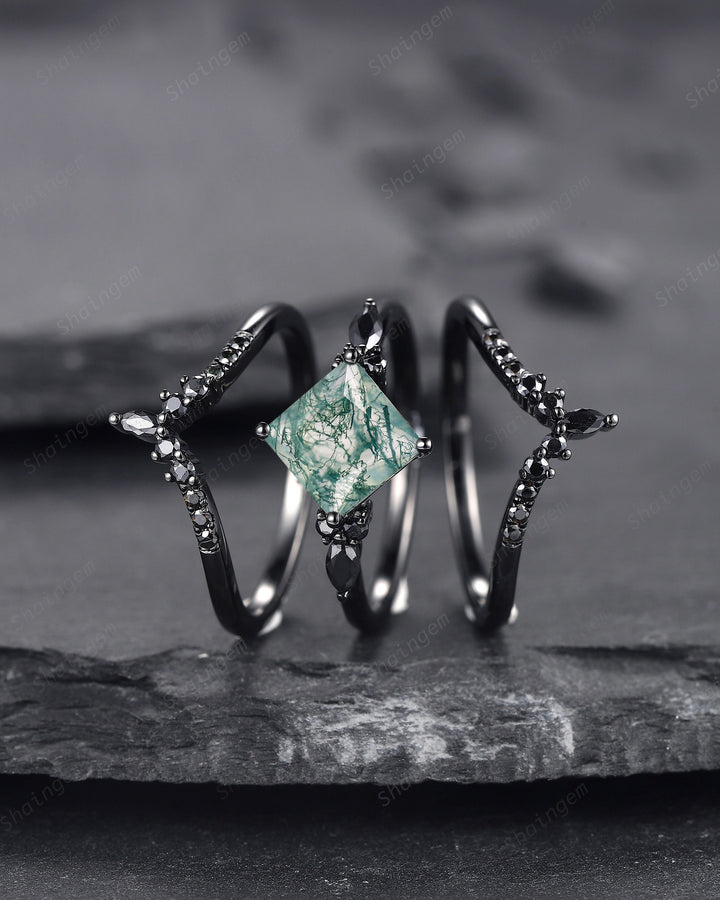 3PCS Vintage Princess Cut Moss Agate Black Engagement Ring Set, Gothic Black Rhodium Moss Agate Bridal Wedding Set Gift, Black Promise Ring - ShainJewelry