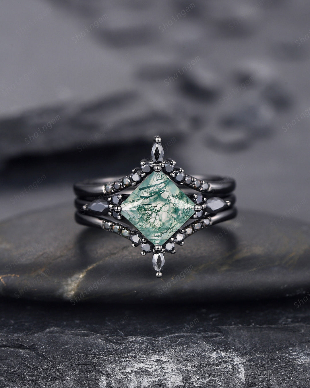3PCS Vintage Princess Cut Moss Agate Black Engagement Ring Set, Gothic Black Rhodium Moss Agate Bridal Wedding Set Gift, Black Promise Ring - ShainJewelry