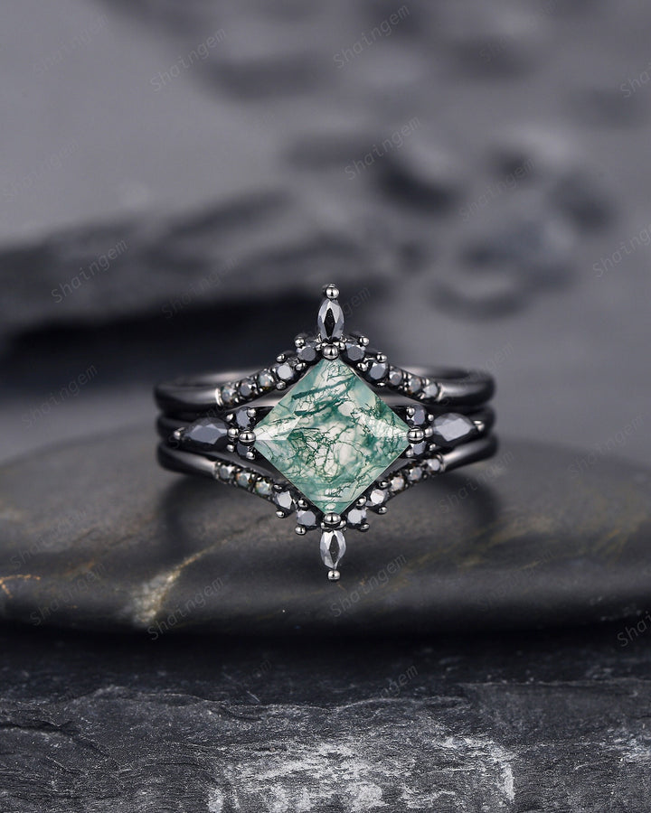3PCS Vintage Princess Cut Moss Agate Black Engagement Ring Set, Gothic Black Rhodium Moss Agate Bridal Wedding Set Gift, Black Promise Ring - ShainJewelry