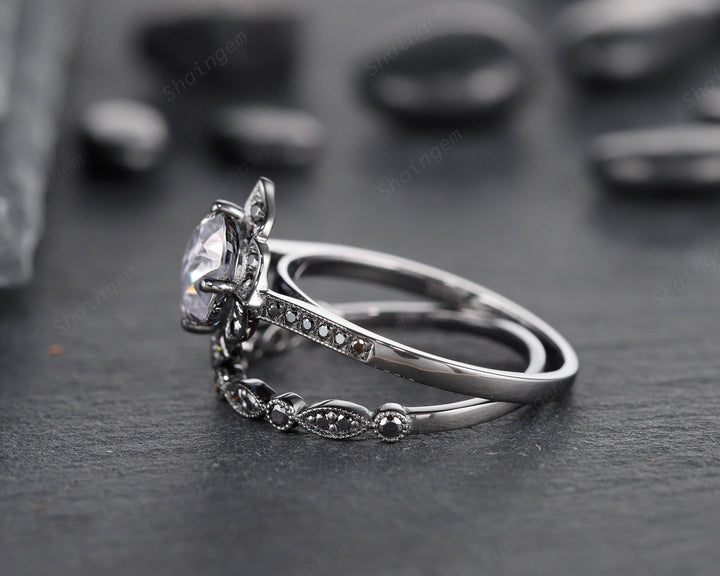 Black Gold Round Gray Moissanite Ring Rhodium Black Grey Moissanite Wedding Engagement Ring Set Gothic Bridal Set Anniversary Promise Ring - ShainJewelry