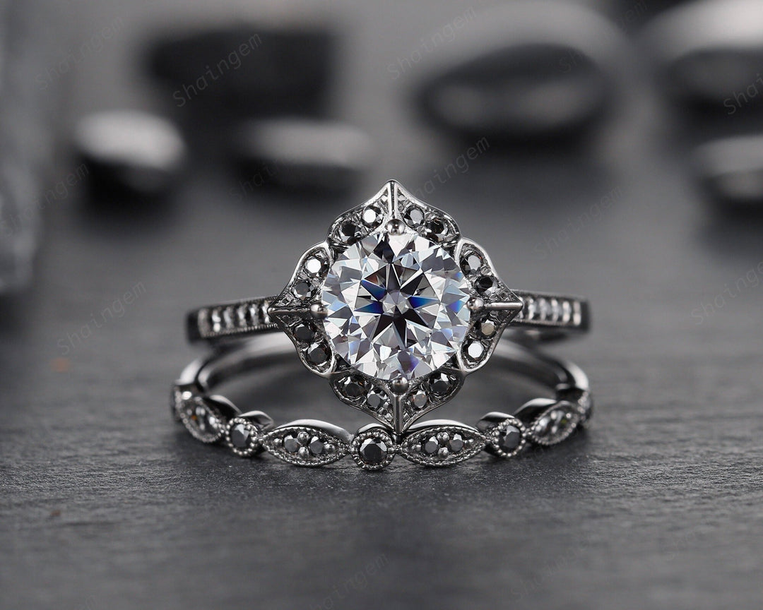 Black Gold Round Gray Moissanite Ring Rhodium Black Grey Moissanite Wedding Engagement Ring Set Gothic Bridal Set Anniversary Promise Ring - ShainJewelry